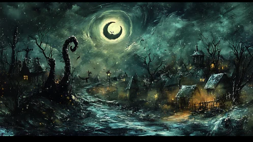 Haunted crescent moon village under swirling nocturne sky.