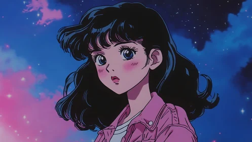 Retro anime portrait under neon twilight sky backdrop.