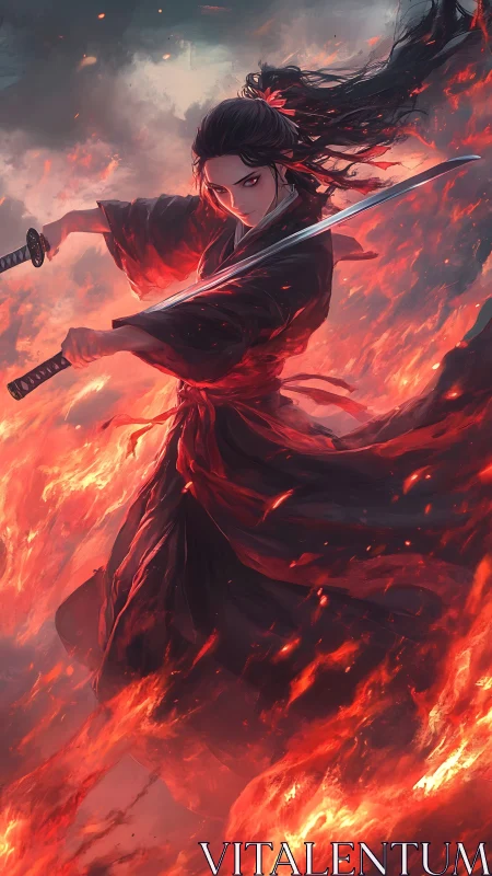 Flame-wreathed samurai warrior wielding twin katanas.