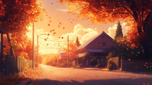 Radiant autumn street under volumetric evening backlight.