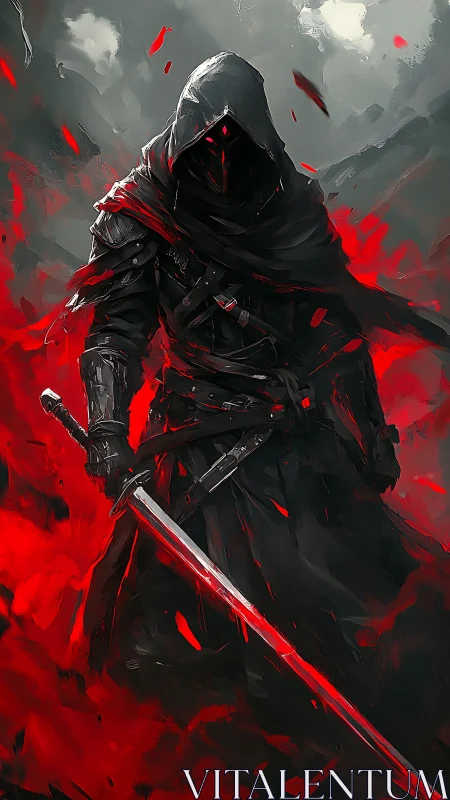Hooded armored swordsman amid red energy and dark clouds.