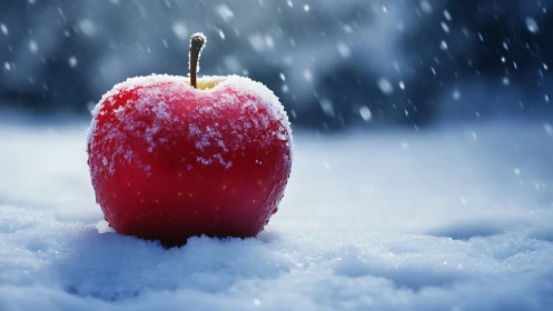 Crimson winter apple crowned in frost amid drifting snow.