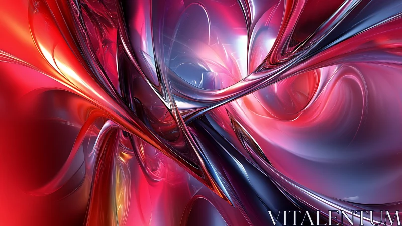 Abstract metallic ribbons twist through red and violet light