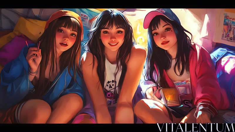 Neon-lit slumber party portrait renders three girls in vivid hues