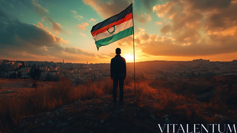 Backlit silhouette studies flag dynamics over sunset urban sprawl