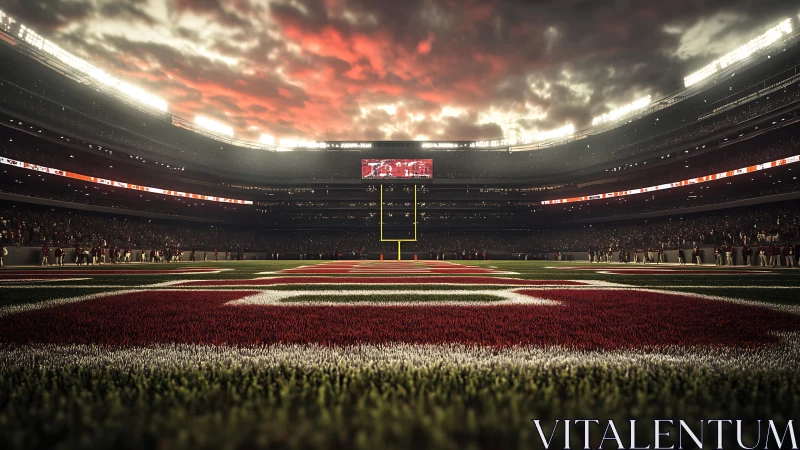 Sunset over illuminated football stadium and end zone.