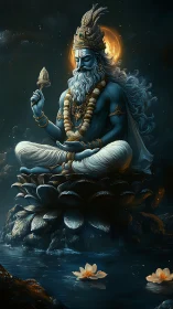 Divine blue deity meditating on luminous lotus throne.