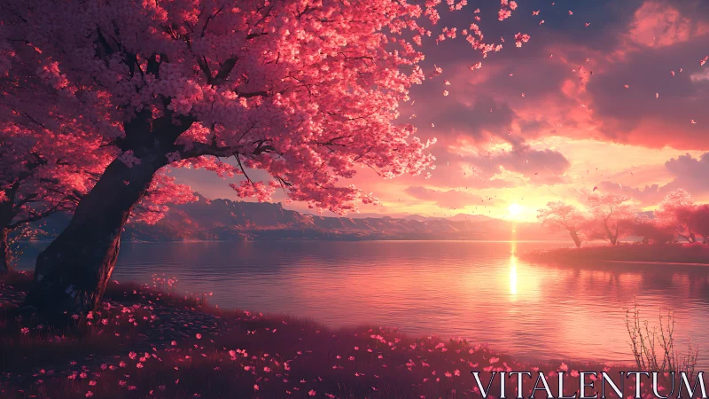 Sunlit cherry blossoms glow above a tranquil lakeside horizon.