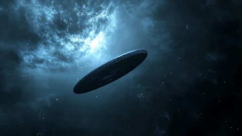 Disc-shaped alien spacecraft glides through deep blue nebula