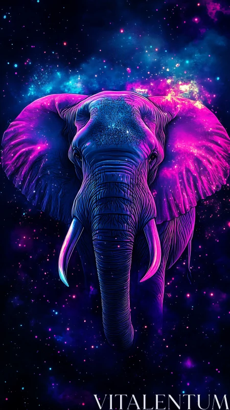 Neon cosmic elephant head glows against vibrant starfield
