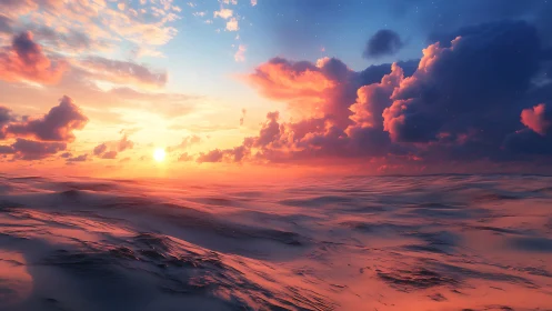 Crimson tide horizon under a sky of blazing cotton clouds.