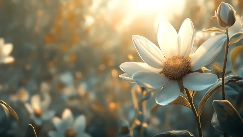 White flower petals backlit by golden sunlight with focused bloom center