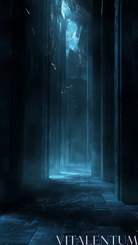 Ancient icy corridor glows with eerie blue luminescence.