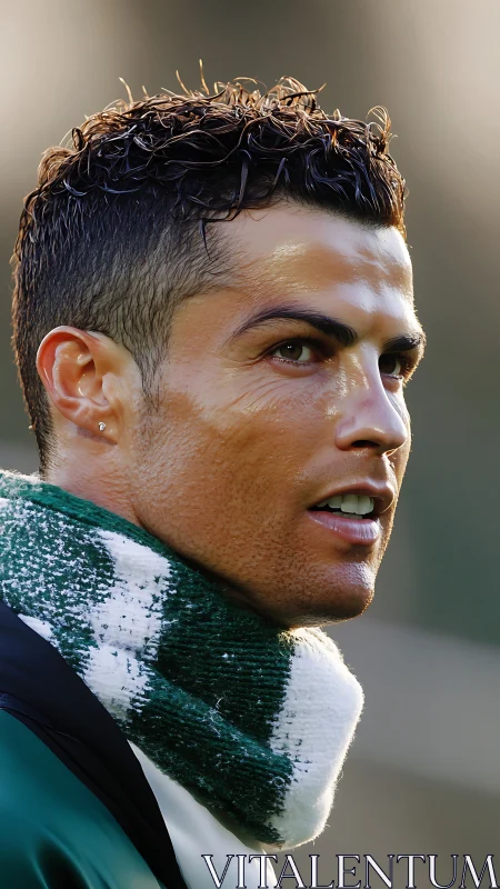 Side-profile athletic portrait with textured winter scarf.