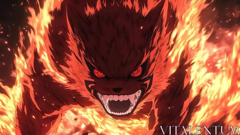 Infernal demon fox lunges through blazing firestorm.