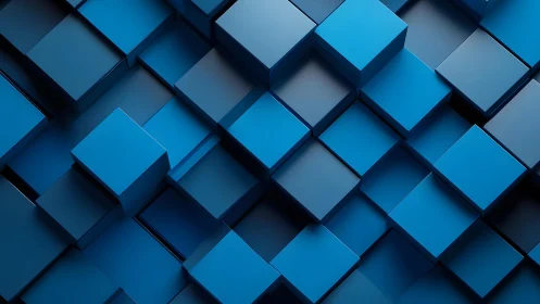 Blue 3D cube grid with geometric depth and shadow play.