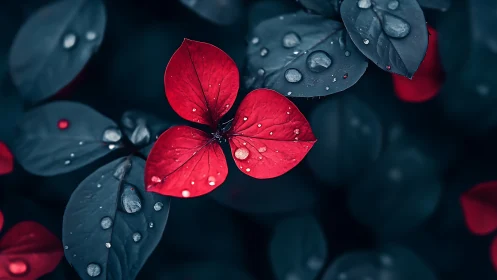 Macro botanical close-up of red foliage with cool-tone contrast.