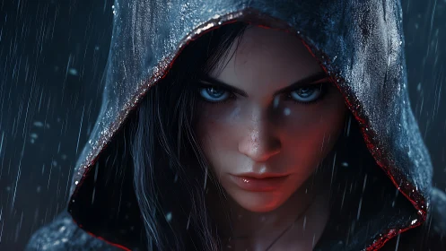 Hooded warrior portrait under rain with intense blue stare.