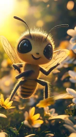 Cartoon bee hovers above flowers in backlit garden scene