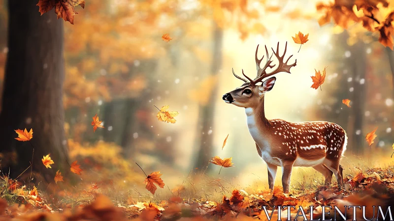 Autumn stag stands amid drifting leaves in golden forest light.