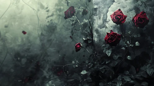 Crimson Roses Against Weathered Stone Wall.