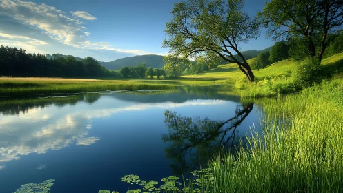 Peaceful riverside meadow wrapped in soft morning light.