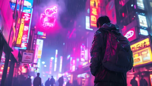Nocturnal urban drifter under chromatic neon rainfall.