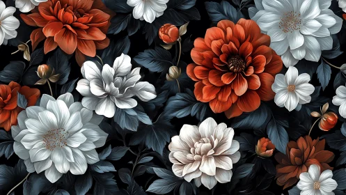 Layered dahlias and cosmos arranged on dark background.