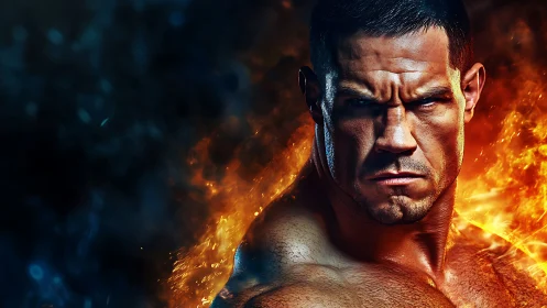 Muscular warrior glares through blazing inferno backdrop