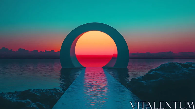 Geometric portal over water at sunset horizon line.