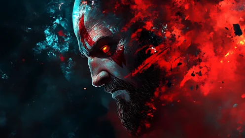 Profile of armored male head in red and blue digital fire.