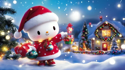 Sweet holiday kitty sharing cozy Christmas cheer outside.