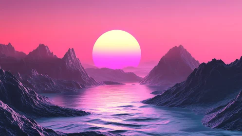 Neon sun over stylized jagged mountains and reflective water