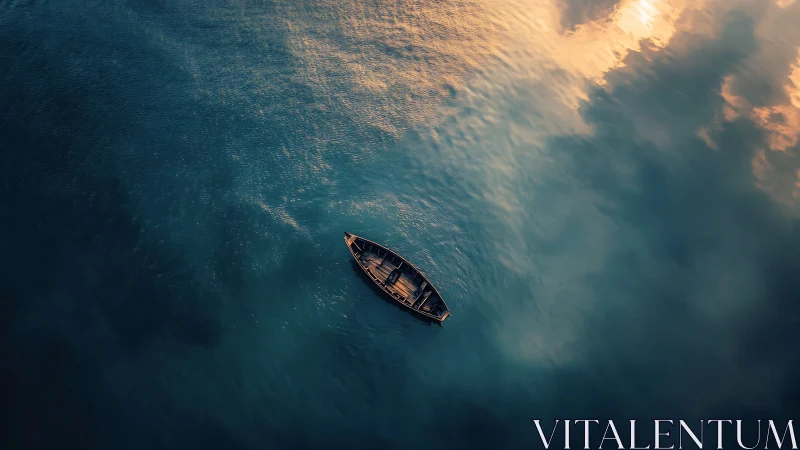 Solitary wooden rowboat on calm reflective open water.