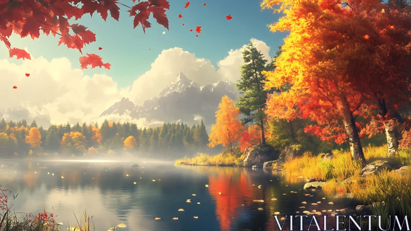 Autumn mountain lake rendered with volumetric light and reflective water