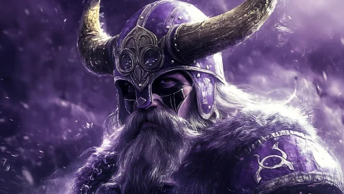 Battle-worn Viking warlord in purple horned helm under snow
