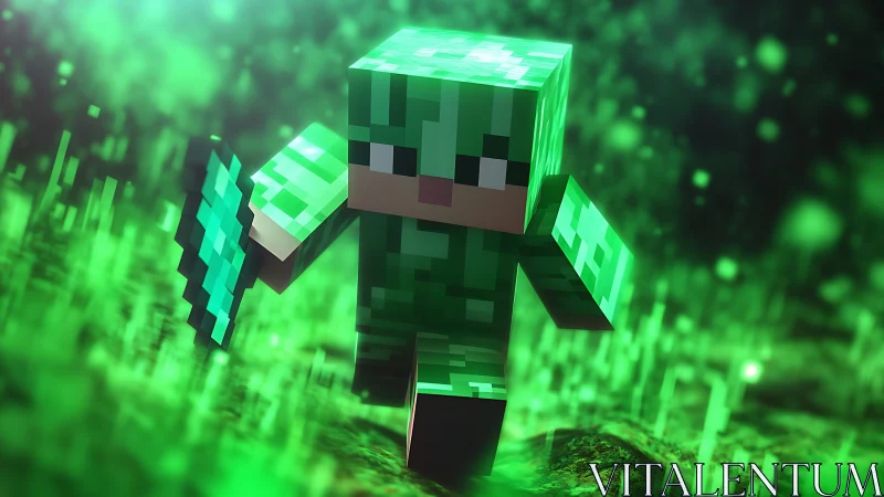 Voxel warrior sprinting through neon green particle field