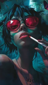 Chromatic portrait of neon-lit smoker with reflective lenses.