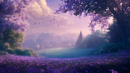 Lavender twilight meadow under blossoming spring canopy.