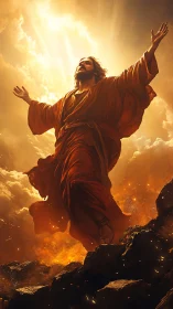 Radiant robed figure rising through blazing golden sky.