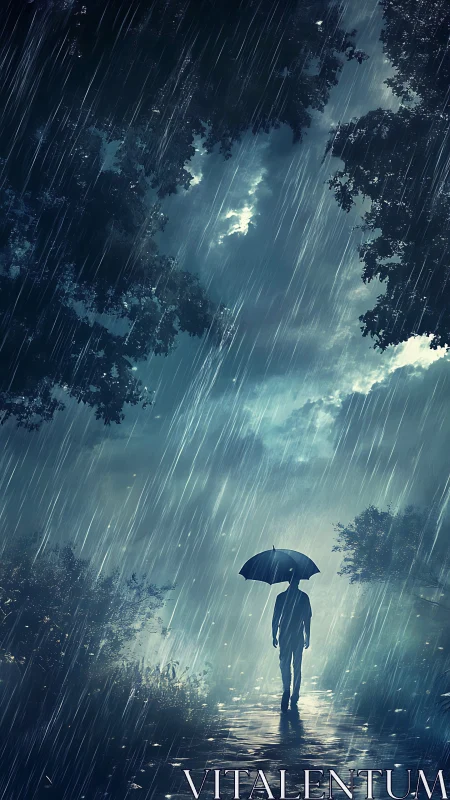 Solitary figure with umbrella walking in heavy forest rain.