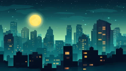 Moonlit city skyline glows softly against a teal night sky.