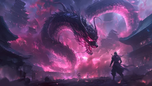 Spectral neon dragon over samurai in burning temple city