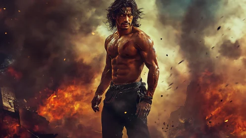 Cinematic warrior portrait amid inferno smoke and debris field.
