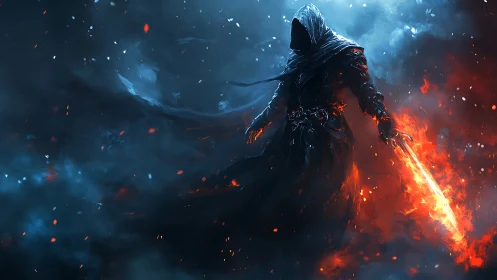 Hooded fireblade wanderer strides through stormlit embers
