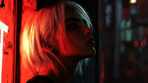 Profile of woman in red neon light at night window.