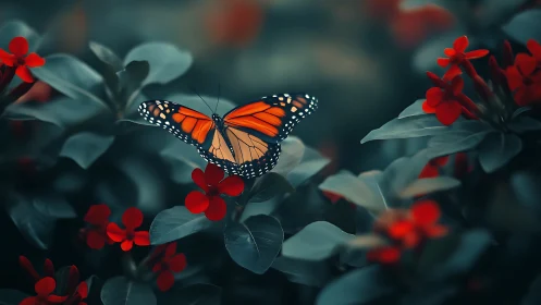 Monarch butterfly on red flowers in soft garden foliage.