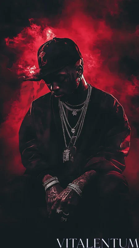 Moody hip-hop portrait in red smoke with cinematic lighting.