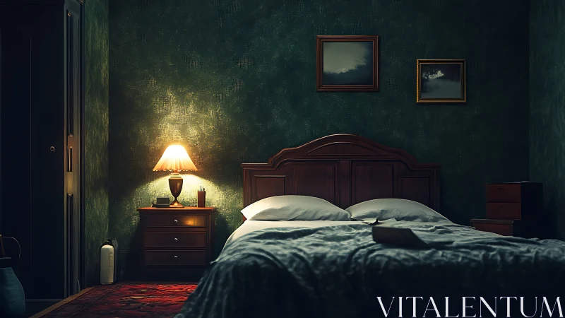 Moody bedroom interior lit by single bedside lamp casting soft shadows