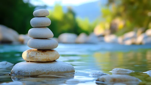 Zen stone cairn in shallow river, selective focus, daylight